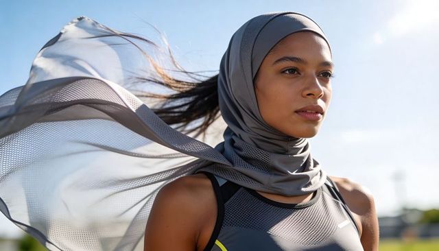 Determined female athlete wearing performance hijab with wind-swept scarf during training