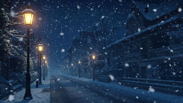 Historic street in snowfall with glowing lamp post