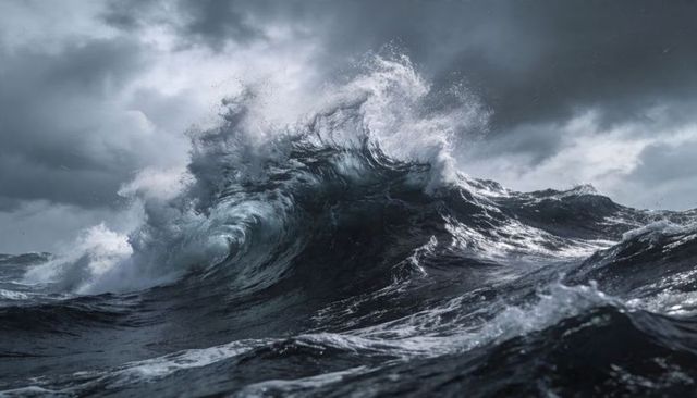 Towering storm wave crashing across dark open ocean, churning foam and dramatic sky