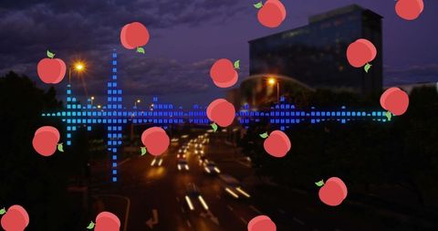 City Nightscape with Pixel Sequences and Peach Graphics
