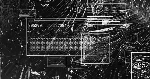 Monochrome data interface displaying grid numeric readouts network nodes abstract backdrop