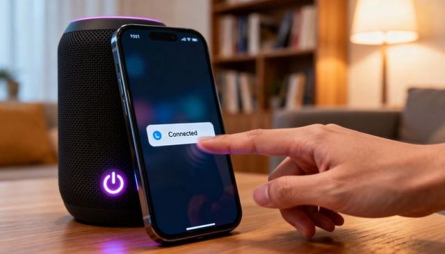 Smartphone Connecting to Smart Speaker with Glowing LED, Male Hand Tapping Screen