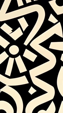 Vertical abstract loop with sliding cream squiggles and circular motifs on black background