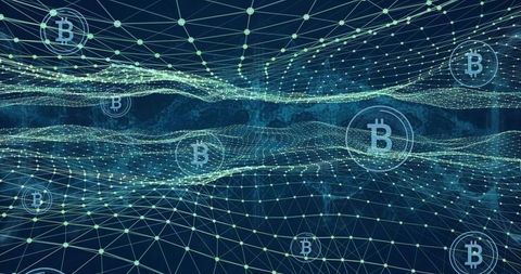 Glowing 3d blockchain network mesh with floating bitcoin symbols and neon node grid