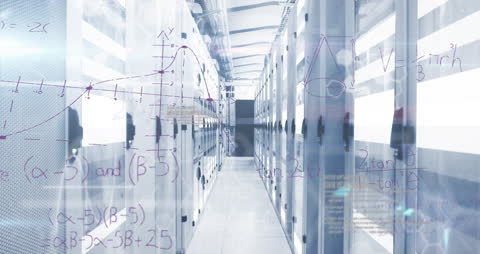 Digital Formulas Overlaid on High-Tech Server Room