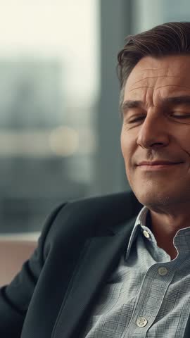 Executive smiling and closing eyes while relaxing on office sofa near urban window