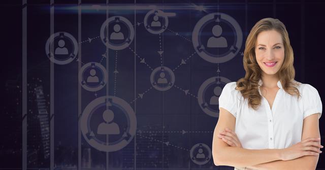 Digital composition of businesswoman standing with arms crossed against user connection icons in background