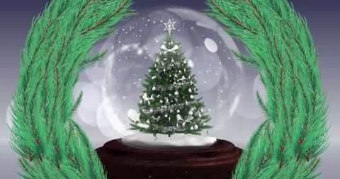 This artwork displays a snow globe featuring a decorated fir tree enclosed by vibrant green foliage shaped like a wreath. Snowflakes delicately fall around the tree, enhancing a festive atmosphere. Suitable for holiday greeting cards, seasonal marketing materials, and decorative art. The depiction of traditional Christmas elements can evoke feelings of warmth and celebration during the holiday season.