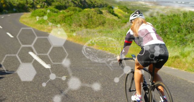 Image of human brain and scientific data recording over woman cycling on the road in the background. Technology digital data processing measuring concept digital composite.