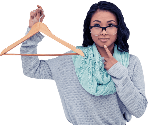Asian Woman Holding Wooden Hanger in Thoughtful Pose Transparent Background