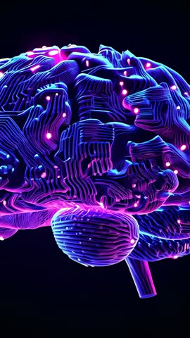 Rotating neon brain revealing cerebellum and brainstem with pulsing nodes for vertical video