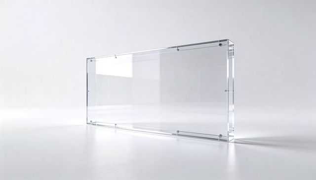 Clear acrylic display panel with metal standoffs on glossy white surface