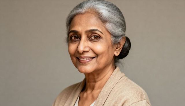 Smiling senior indian woman posing in beige cardigan serene studio portrait headshot