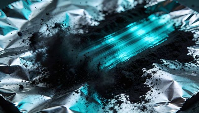 Exploding black powder scattering across crumpled aluminum foil with teal reflections