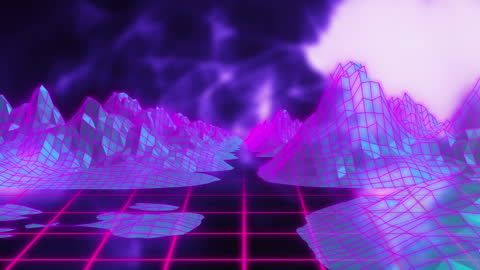 Futuristic Digital Landscape with Neon Grid and Mountains