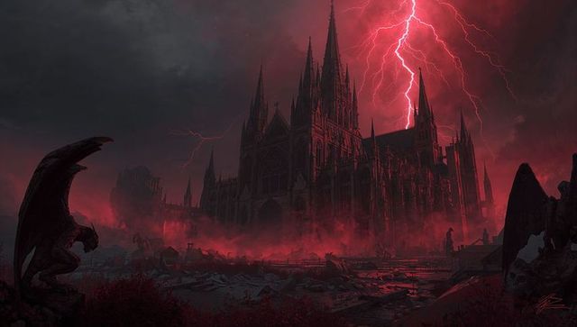 Gothic Cathedral in Stormy Red Landscape with Lightning
