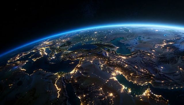 Nocturnal orbital view of mediterranean and nile delta with city lights across continents