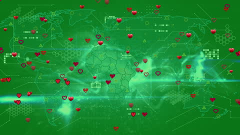 Digital Heart Icons and Data on World Map in Matrix Style