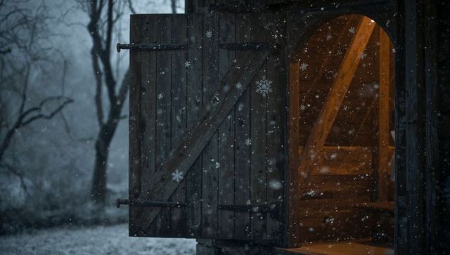 Partly open barn door revealing warm amber glow and falling snow in rustic winter scene
