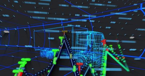 Futuristic Semi-Truck Navigating Digital Grid Tunnel