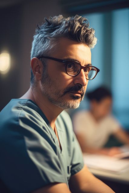 Thoughtful caucasian male surgeon with glasses in office, created using generative ai technology - Download Free Stock Photos Pikwizard.com