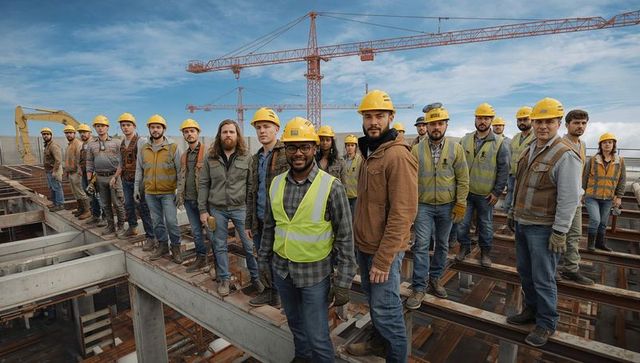 Construction crew standing on steel beams with tower cranes overhead, safety gear on