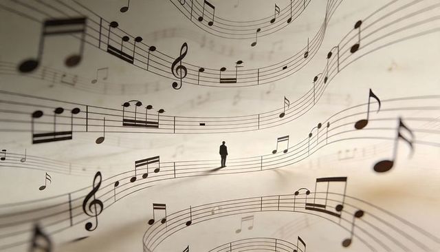 Solitary figure standing on flowing music staff amid floating notes and treble clefs
