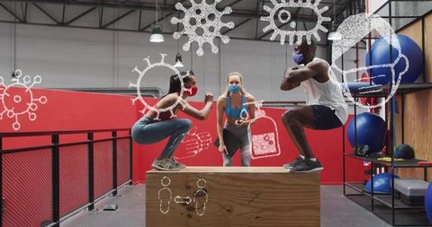 Masked athletes performing plyometric box jumps and squats while trainer times circuit workout