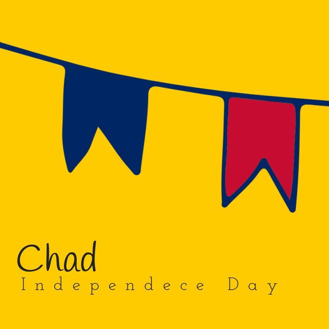 Illustration of chad independence day text with red and blue buntings on yellow background. Copy space, vector, patriotism, celebration, freedom and identity concept.