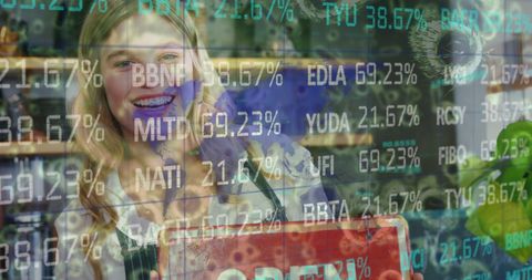 Smiling Businesswoman with Open Sign and Stock Market Overlay - Download Free Stock Images Pikwizard.com