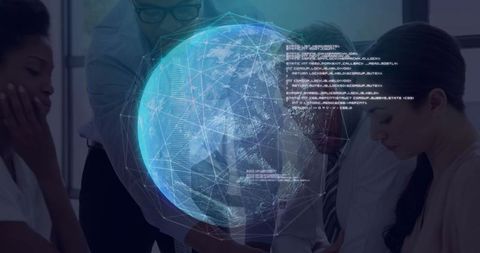 Business Team Analyzing Data with Holographic Globe