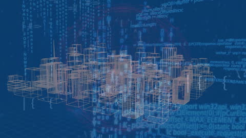 3D City Model with Data Processing Animation in Blue