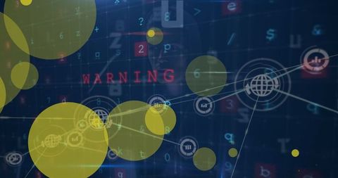 Digital network with warning sign overlaying professionals