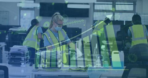 Office sanitization during covid-19 with growing statistics overlay