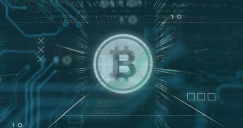 Glowing bitcoin emitting neon streaks through cyber data tunnel with hud scanline overlay