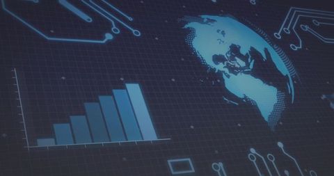 Stylized digital globe connecting to ascending bar chart on holographic data dashboard