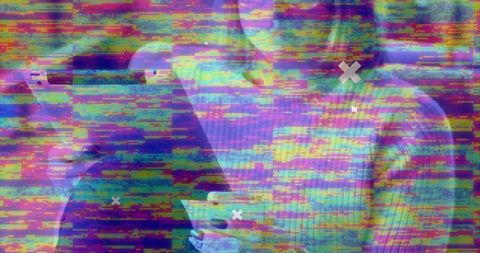 Digital glitch with colleagues holding smartphones tech disruption