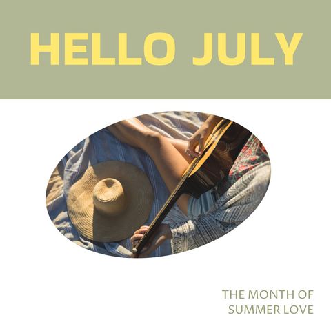 Woman Relaxing with Guitar on Beach in July Summer Vibes