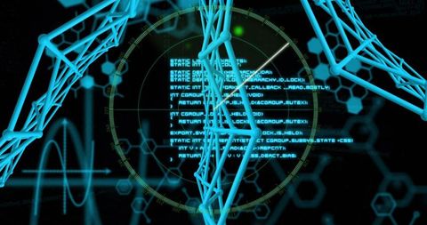 Intersecting neon 3D lattice crossing HUD reticle overlaying cyber code and hexagon network