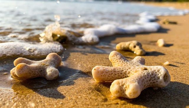 Porous coral branches resting on wet sand at golden hour with foamy wave and bokeh