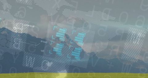 Futuristic world map overlay with data panels over meadow