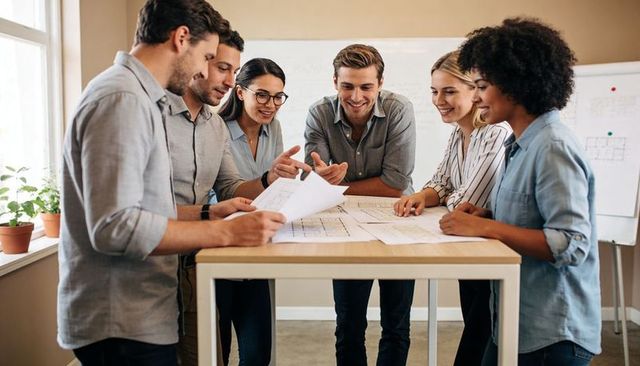 Multicultural design team reviewing blueprints around standing desk in bright office