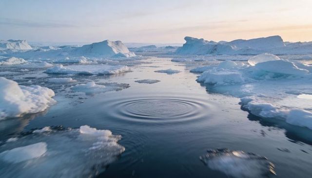 Rippling polar twilight over ice floes and distant icebergs