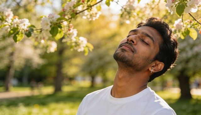 Indian man breathing deeply under blossoming tree in spring park, eyes closed