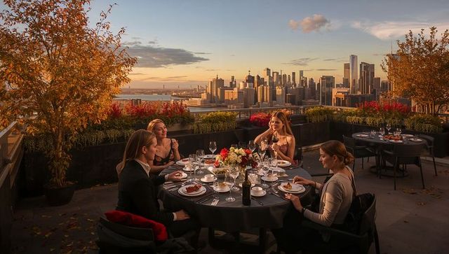 Rooftop Dining at Sunset: Elegant Four Women Sharing Wine and Dinner with City Skyline