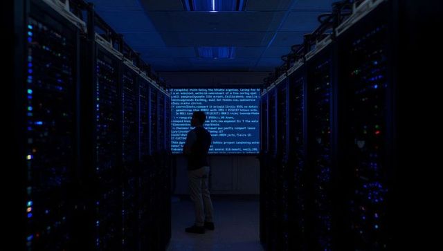 Technician analyzing code in advanced data center environment