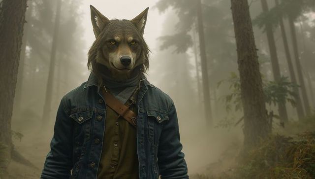 Anthropomorphic wolf in denim jacket walking in misty forest