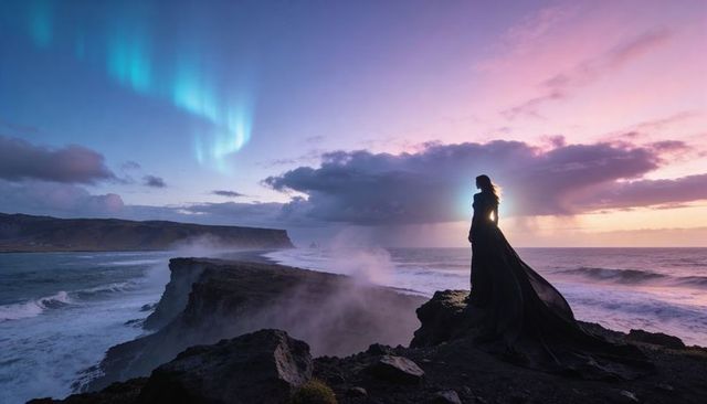 Gazing woman in flowing black gown standing on cliff with aurora over ocean at twilight
