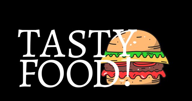 Illustration of cheese hamburger with tasty food text on black background. Computer graphic, vector, food and drink, unhealthy eating, freshness, fast food.