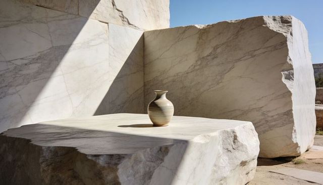 Sunlit ceramic vase resting on carved marble slab in minimalist quarry composition